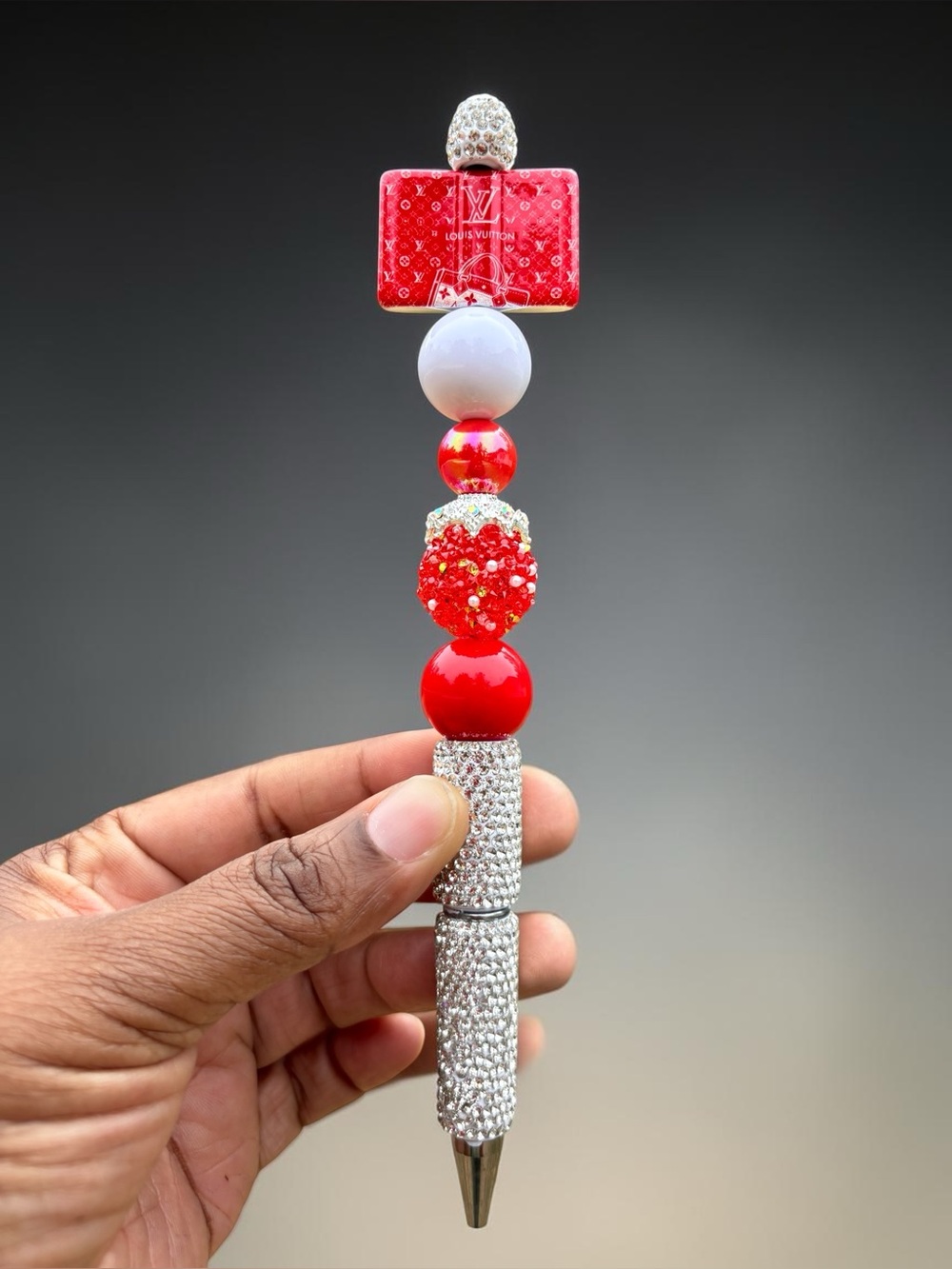 Handcrafted Red & White Crystal Rhinestone Beaded Pendant Pen